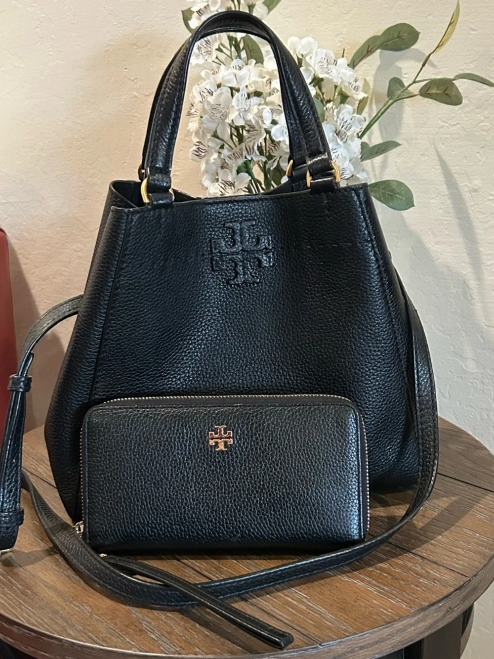 Tory Burch McGraw Black Pebbled Leather Carryall Tote Bag with Matching Wallet